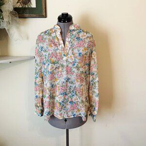 Vintage 70s Pink Blue Sheer Floral V-Neck Blouse Size Medium